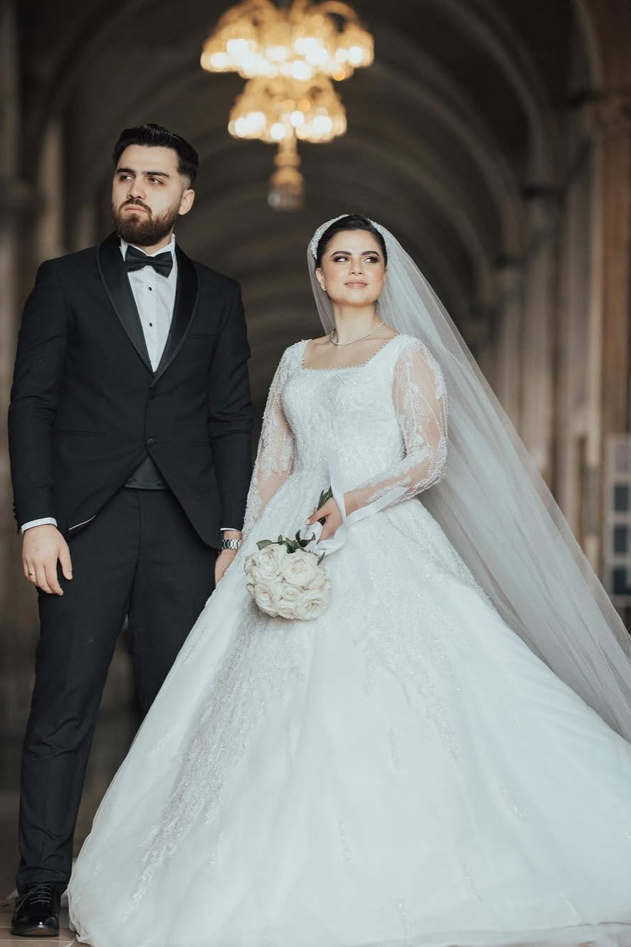 Beautiful White Ball Gown Square Long Sleeves Beaded Lace Cathedral Train Tulle Wedding Dress