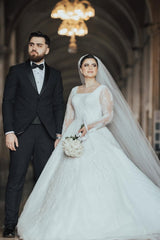 Beautiful White Ball Gown Square Long Sleeves Beaded Lace Cathedral Train Tulle Wedding Dress