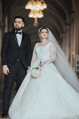 Beautiful White Ball Gown Square Long Sleeves Beaded Lace Cathedral Train Tulle Wedding Dress