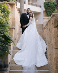 Beautiful White Ball Gown Strapless Sleeveless Sequined Cathedral Train Wedding Dress