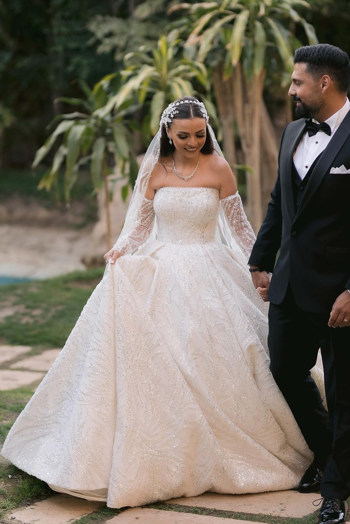 Beautiful White Ball Gown Strapless Sleeveless Sequined Cathedral Train Wedding Dress