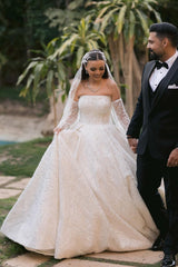 Beautiful White Ball Gown Strapless Sleeveless Sequined Cathedral Train Wedding Dress