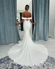 Beautiful White Mermaid Strapless Off-The-Shoulder Simple Long Satin Wedding Dress