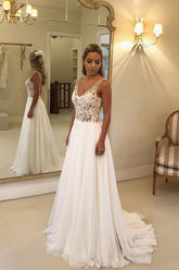 Beautiful White Open Back V-neck Lace Chiffon Wedding Dress