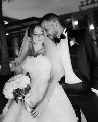 Beautiful White Strapless Beaded Ball Gown Sleeveless Cathedral Train Tulle Wedding Dresses With Appliques