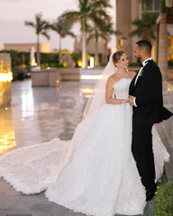 Beautiful White Strapless Beaded Ball Gown Sleeveless Cathedral Train Tulle Wedding Dresses With Appliques