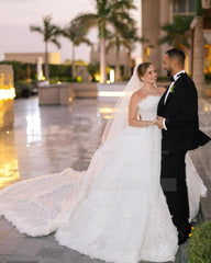 Beautiful White Strapless Beaded Ball Gown Sleeveless Cathedral Train Tulle Wedding Dresses With Appliques