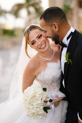 Beautiful White Strapless Beaded Ball Gown Sleeveless Cathedral Train Tulle Wedding Dresses With Appliques