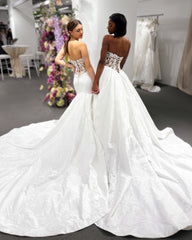 Beautiful White Sweetheart Strapless Ruffles Cathedral Train Satin Wedding Dress With Lace