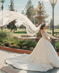 Beautiful White V-Neck Lace Sequined Ball Gown Long Sleeves Cathedral Train Wedding Dresses