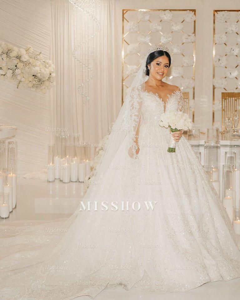 Beautiful White V-Neck Lace Sequined Ball Gown Long Sleeves Cathedral Train Wedding Dresses