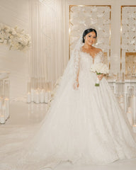 Beautiful White V-Neck Lace Sequined Ball Gown Long Sleeves Cathedral Train Wedding Dresses