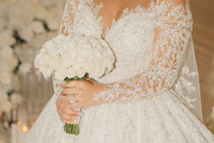 Beautiful White V-Neck Lace Sequined Ball Gown Long Sleeves Cathedral Train Wedding Dresses