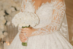 Beautiful White V-Neck Lace Sequined Ball Gown Long Sleeves Cathedral Train Wedding Dresses