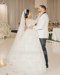 Beautiful White V-Neck Lace Sequined Ball Gown Long Sleeves Cathedral Train Wedding Dresses