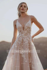Beautiful White V-Neck Spaghetti Strap A-Line Sleeveless Tulle Wedding Dresses With Appliques