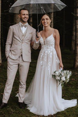 Beautiful White V-Neck Spaghetti strap A-Line Sleeveless Sweep Train Tulle Wedding Dresses With Appliques