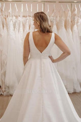 Beautiful White V-neck Spaghetti Strap A-Line Sleeveless Sweep Train Satin Simple Wedding Dresses