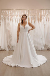 Beautiful White V-neck Spaghetti Strap A-Line Sleeveless Sweep Train Satin Simple Wedding Dresses