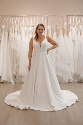 Beautiful White V-neck Spaghetti Strap A-Line Sleeveless Sweep Train Satin Simple Wedding Dresses