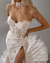 Beige Lace Applique Beaded Mermaid Wedding Dress Sweetheart Sleeveless Corset Bodice Split Front Cathedral Train Bridal Gown