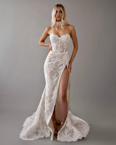 Beige Lace Applique Beaded Mermaid Wedding Dress Sweetheart Sleeveless Corset Bodice Split Front Cathedral Train Bridal Gown