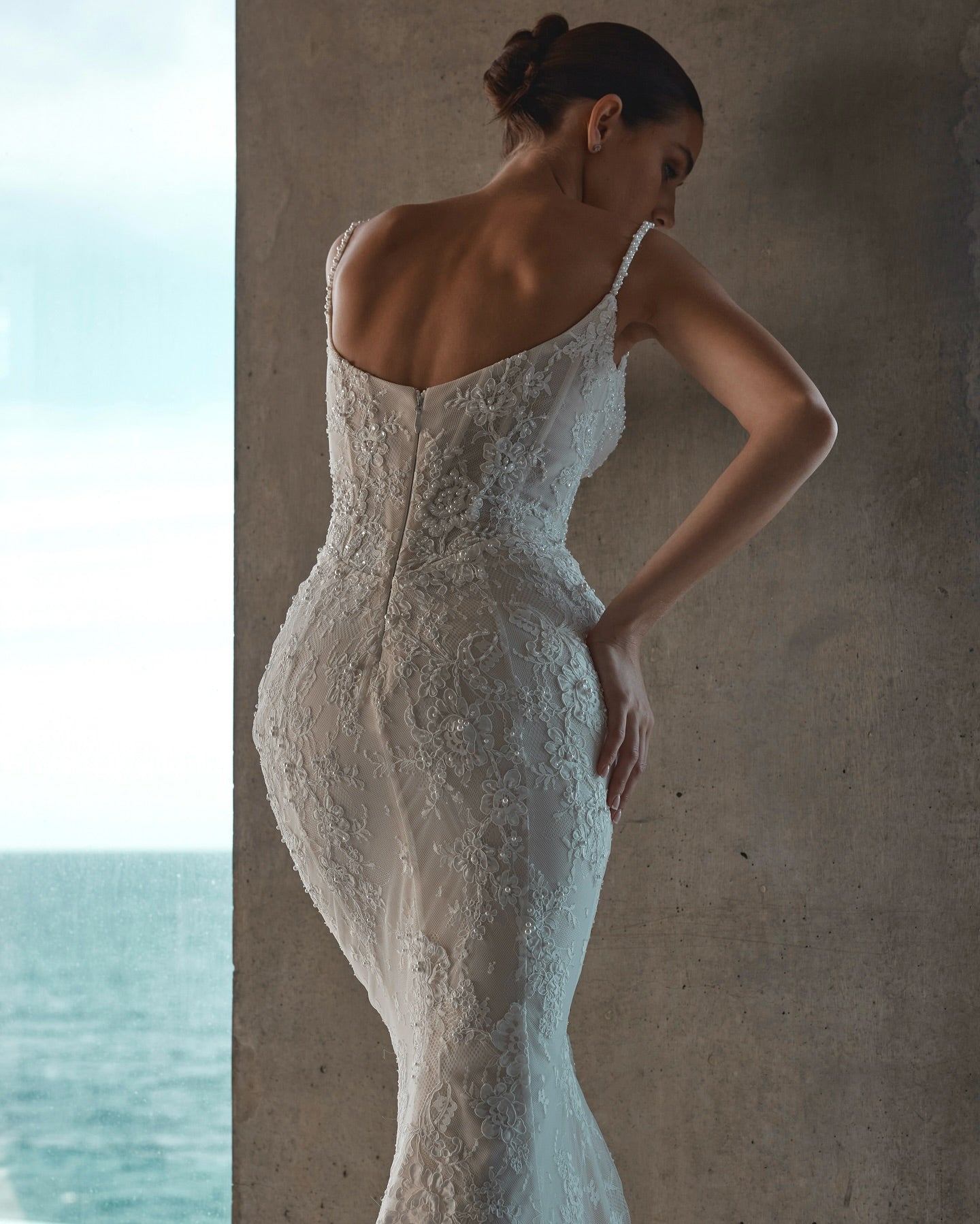 Beige Pearl Beaded Lace Mermaid Wedding Dress Sweetheart Spaghetti Straps Open Back Bow Detail Cathedral Train Bridal Gown