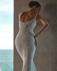 Beige Pearl Beaded Lace Mermaid Wedding Dress Sweetheart Spaghetti Straps Open Back Bow Detail Cathedral Train Bridal Gown