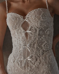 Beige Pearl Beaded Lace Mermaid Wedding Dress Sweetheart Spaghetti Straps Open Back Bow Detail Cathedral Train Bridal Gown