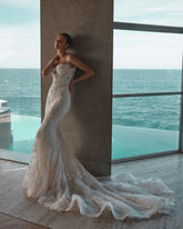 Beige Pearl Beaded Lace Mermaid Wedding Dress Sweetheart Spaghetti Straps Open Back Bow Detail Cathedral Train Bridal Gown
