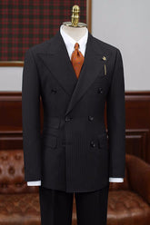 Bespoke Black Striped Double Breasted Peaked Lapel Business Suit