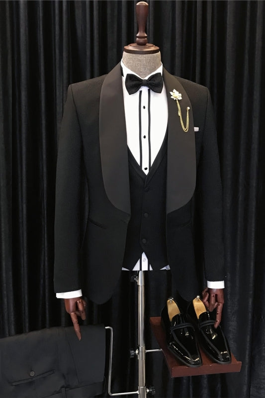 Bespoke Black Three-Piece Shawl Collar Groom's Wedding Attire