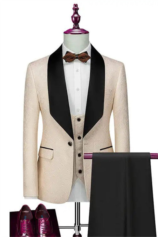 Bespoke Champagne Shawl Lapel Three-Piece Wedding Suit for Men