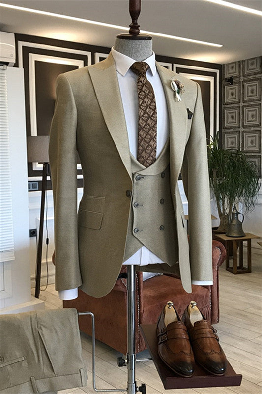 Bespoke Khaki Peaked Lapel Three-Piece Men's Prom Wear
