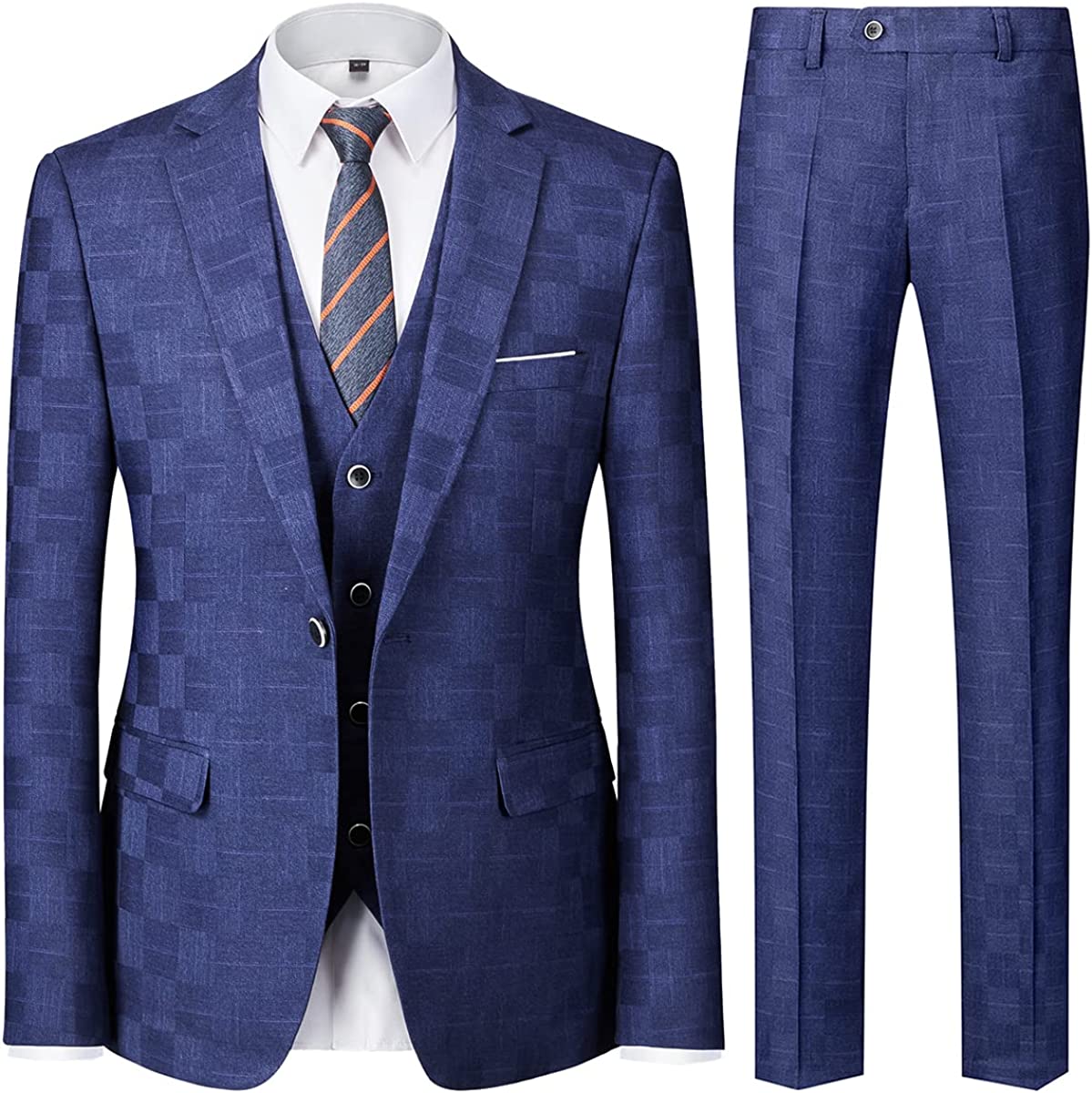 Bespoke Royal Blue Notched Lapel Three-Piece Plaid Business Suit