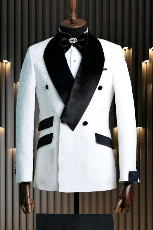 Bespoke White Jacquard Wedding Suit With Black Velvet Collar