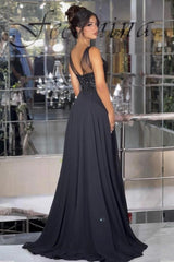 Black A-Line Prom Dress V Neck Illusion Straps Lace Beaded Corset Chiffon High Slit Formal Evening Gown with Sweep Train