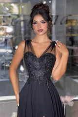 Black A-Line Prom Dress V Neck Illusion Straps Lace Beaded Corset Chiffon High Slit Formal Evening Gown with Sweep Train