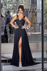 Black A-Line Prom Dress V Neck Illusion Straps Lace Beaded Corset Chiffon High Slit Formal Evening Gown with Sweep Train