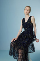 Black A-line V-neck Tea Length Sleeveless Lace Dress