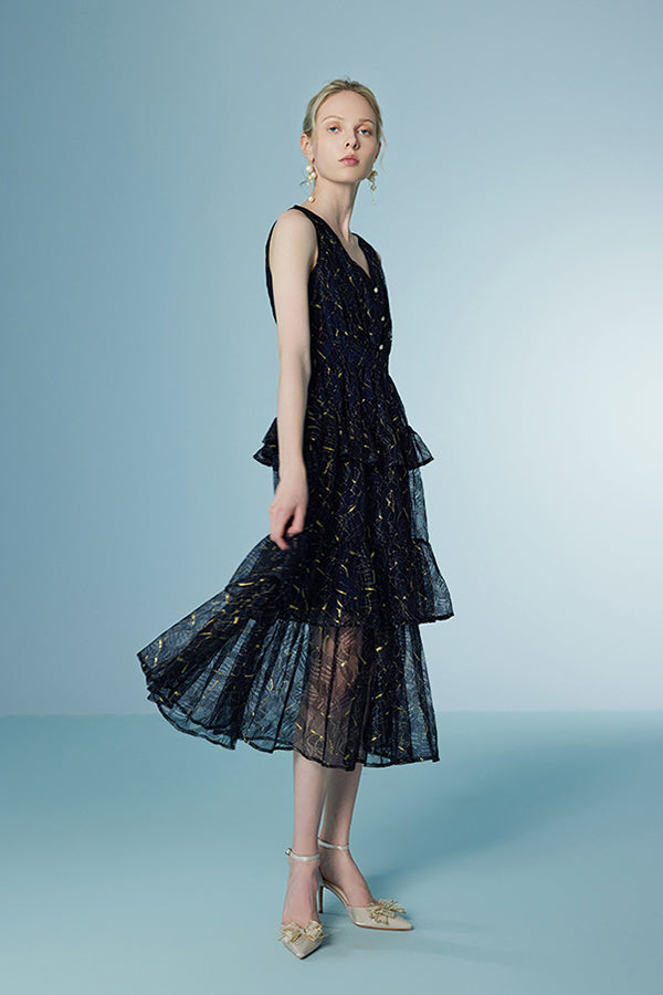 Black A-line V-neck Tea Length Sleeveless Lace Dress