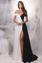 Black And White Off the Shoulder Beadings Long Formal Dress With Front Split