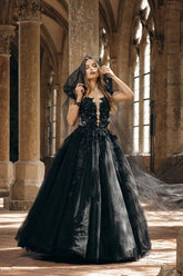 Black Ball Gown Wedding Dress Off Shoulder Deep V Sheer Corset 3D Floral Lace Applique Tulle Gothic Bridal Gown with Chapel Train