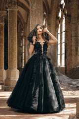 Black Ball Gown Wedding Dress Off Shoulder Deep V Sheer Corset 3D Floral Lace Applique Tulle Gothic Bridal Gown with Chapel Train
