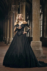 Black Ball Gown Wedding Dress Off Shoulder Sweetheart Long Sheer Lace Sleeves Floral Lace Corset Gothic Bridal Gown with Cathedral Train