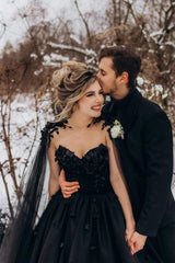 Black Ball Gown Wedding Dress Sweetheart 3D Floral Lace Corset Tulle with Detachable Tulle Cape Gothic Bridal Gown