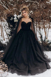 Black Ball Gown Wedding Dress Sweetheart 3D Floral Lace Corset Tulle with Detachable Tulle Cape Gothic Bridal Gown