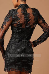 Black high neck applique bodycon evening dress