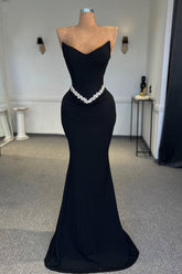 Black Beaded Waistband Mermaid Evening Gown for Formal Events