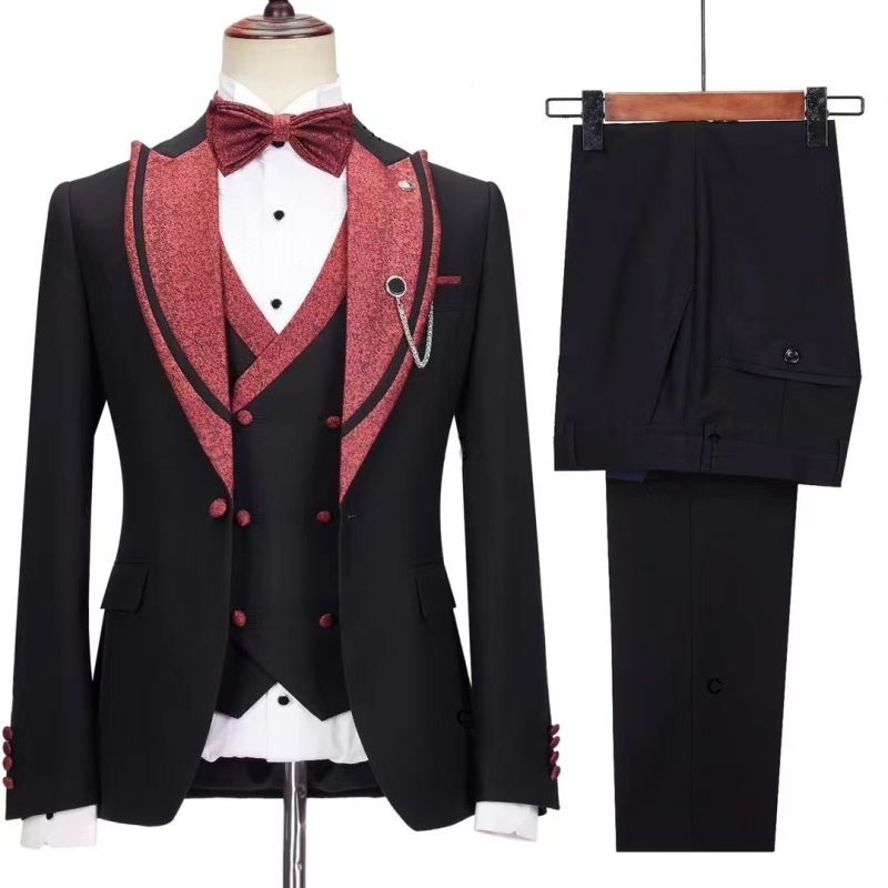 Black Close-Fitting Peak Lapel Three-Piece Wedding Suit